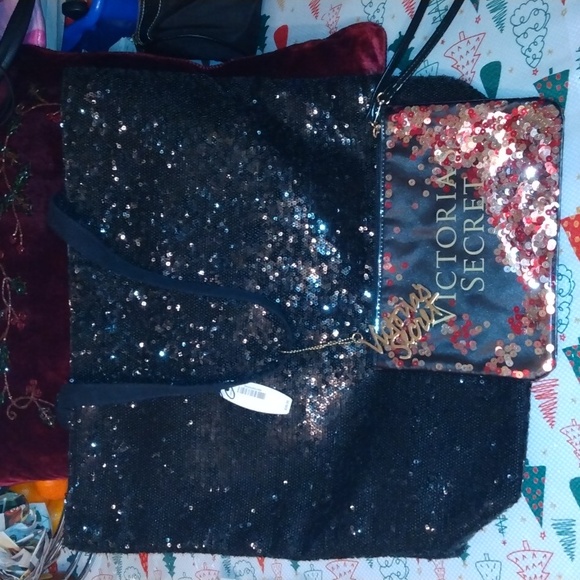 Victoria Secret black sequin tote bag+ Victoria Secret black sequin wristlet bag - Picture 13 of 17